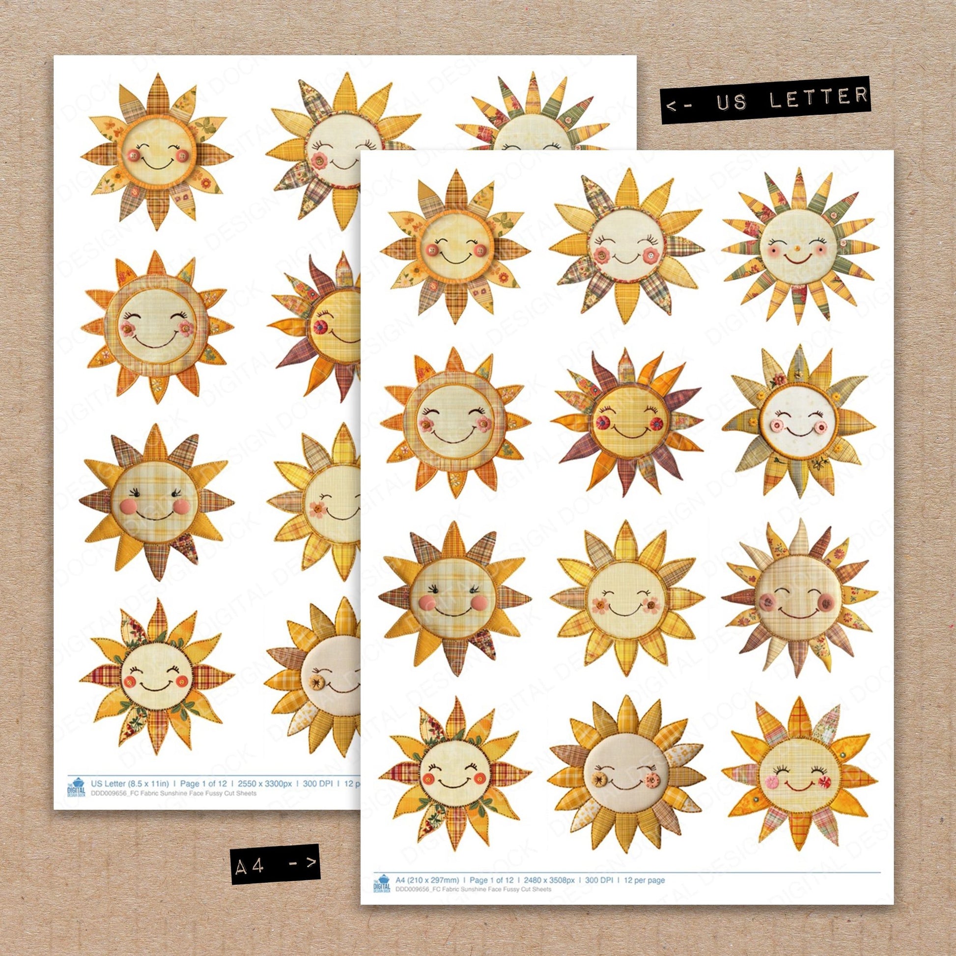 A4 and US Letter format comparison showing Fabric Sunshine Face fussy cut pages for print and cut crafting