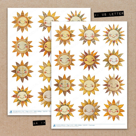 A4 and US Letter format comparison showing Fabric Sunshine Face fussy cut pages for print and cut crafting