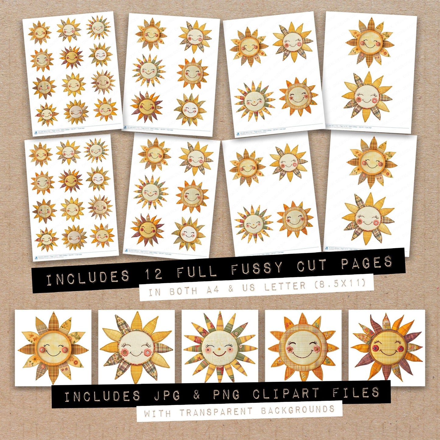 Full collection view of Fabric Sunshine Face fussy cut sheets with bonus clipart JPG and PNG files