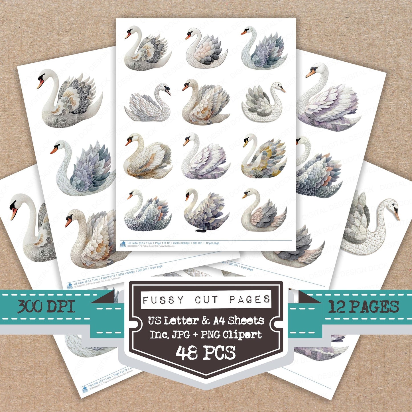 Fabric Swan Bird fussy cut printable sheets for junk journaling, scrapbooking, and paper craft projects