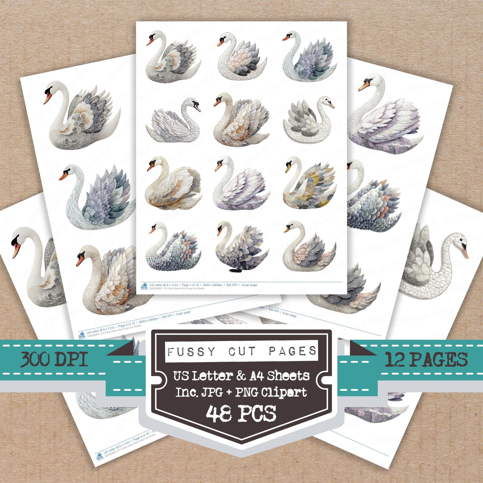 Fabric Swan Bird fussy cut printable sheets for junk journaling, scrapbooking, and paper craft projects