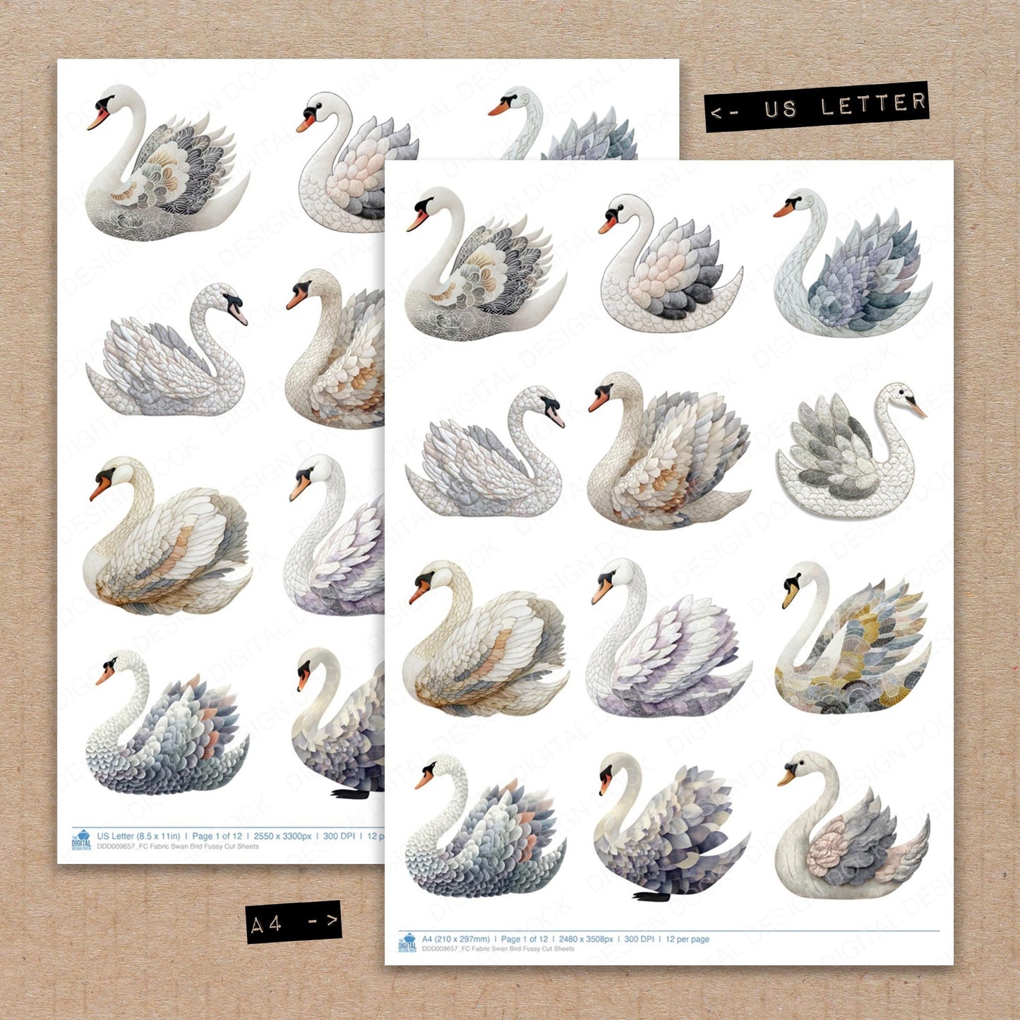 A4 and US Letter format comparison showing Fabric Swan Bird fussy cut pages for print and cut crafting
