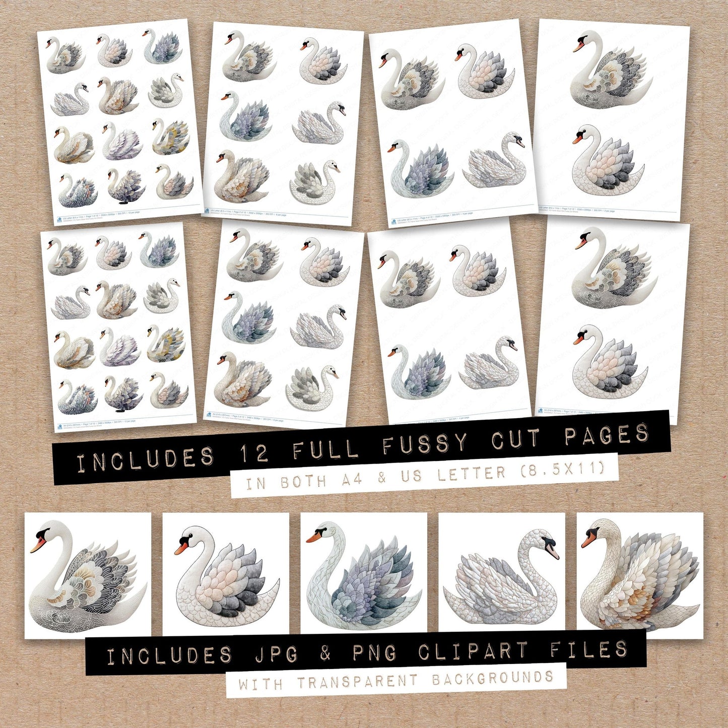 Full collection view of Fabric Swan Bird fussy cut sheets with bonus clipart JPG and PNG files