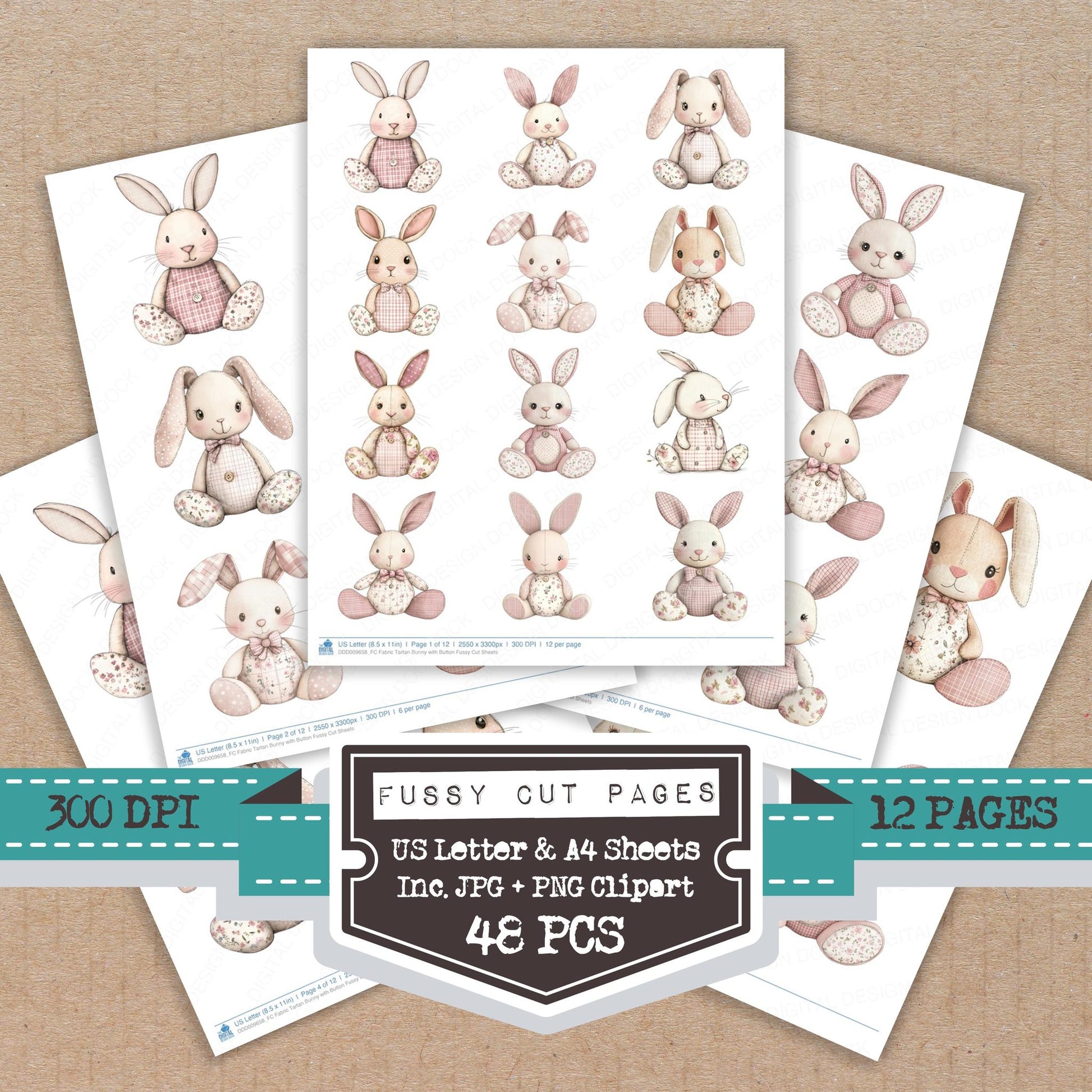 Fabric Tartan Bunny with Button fussy cut printable sheets for junk journaling, scrapbooking, and paper craft projects