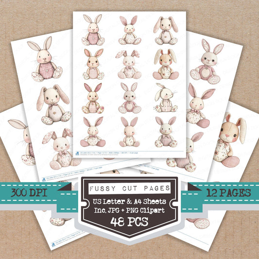Fabric Tartan Bunny with Button fussy cut printable sheets for junk journaling, scrapbooking, and paper craft projects