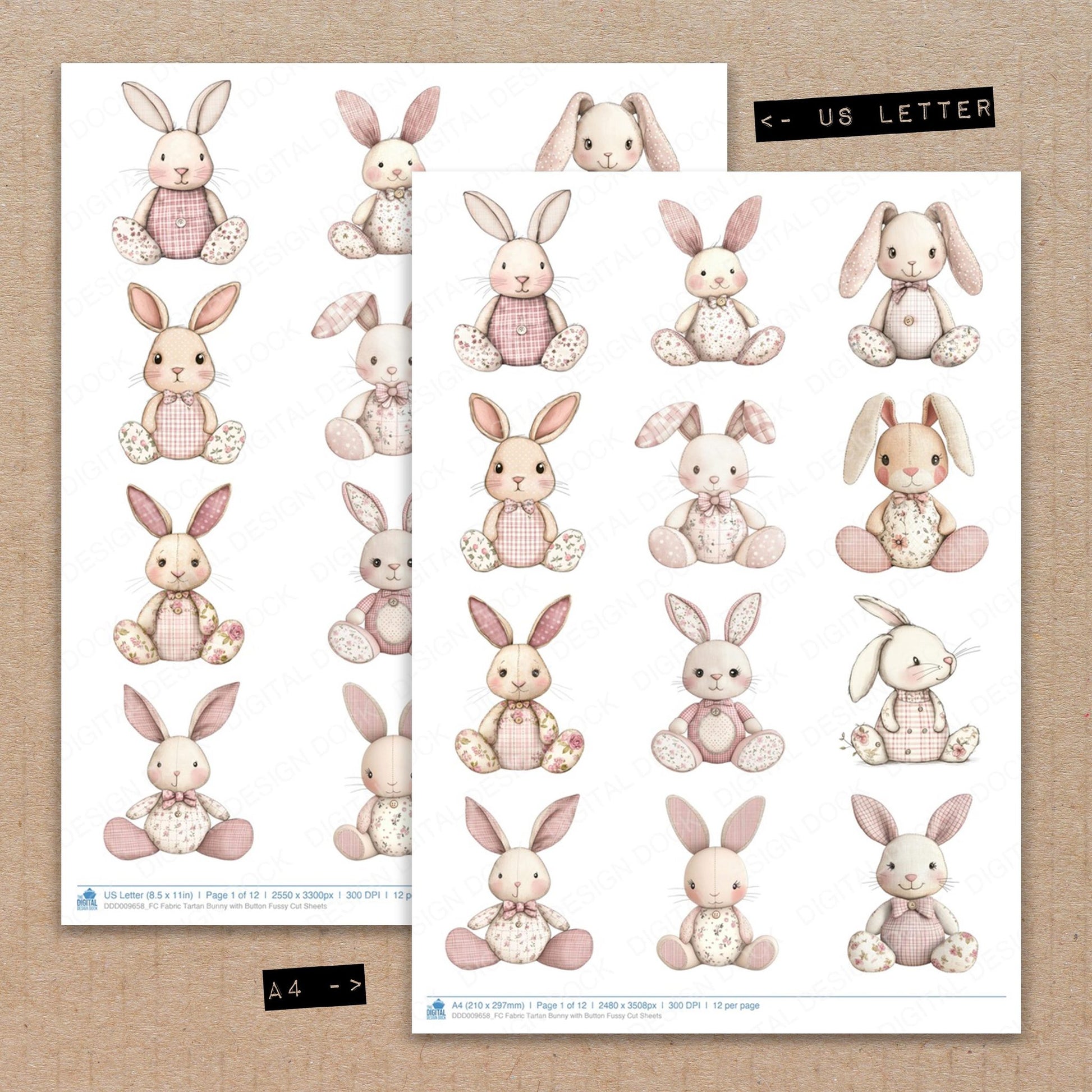 A4 and US Letter format comparison showing Fabric Tartan Bunny with Button fussy cut pages for print and cut crafting
