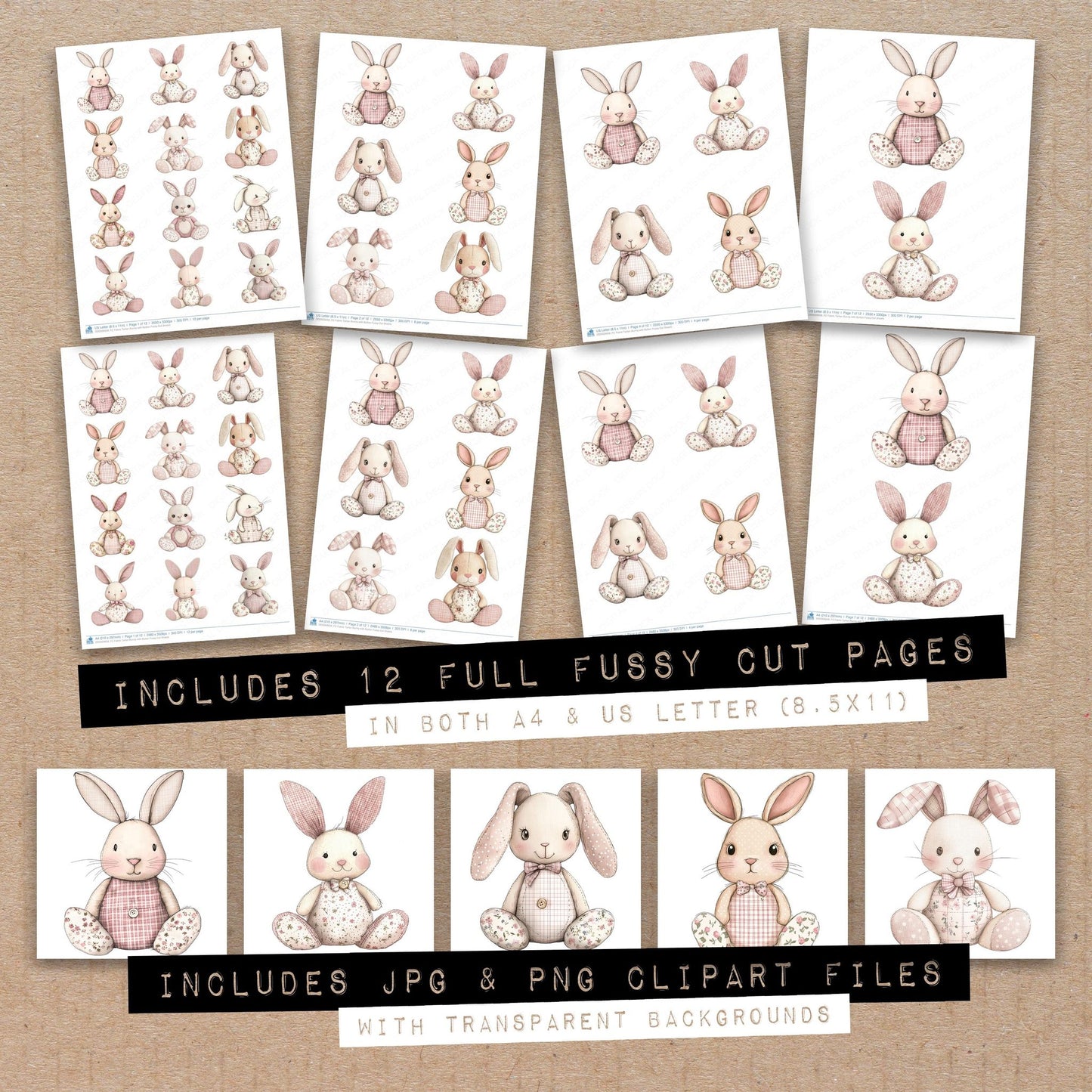 Full collection view of Fabric Tartan Bunny with Button fussy cut sheets with bonus clipart JPG and PNG files