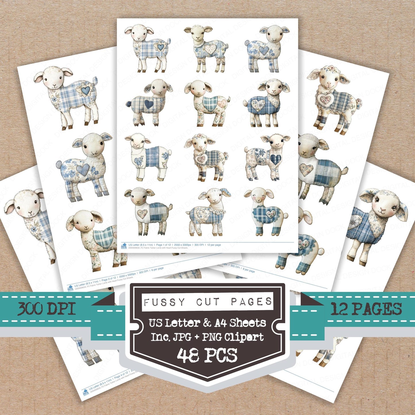 Fabric Tartan Lamb with Heart fussy cut printable sheets for junk journaling, scrapbooking, and paper craft projects