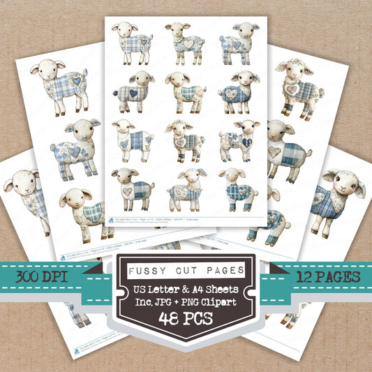 Fabric Tartan Lamb with Heart fussy cut printable sheets for junk journaling, scrapbooking, and paper craft projects