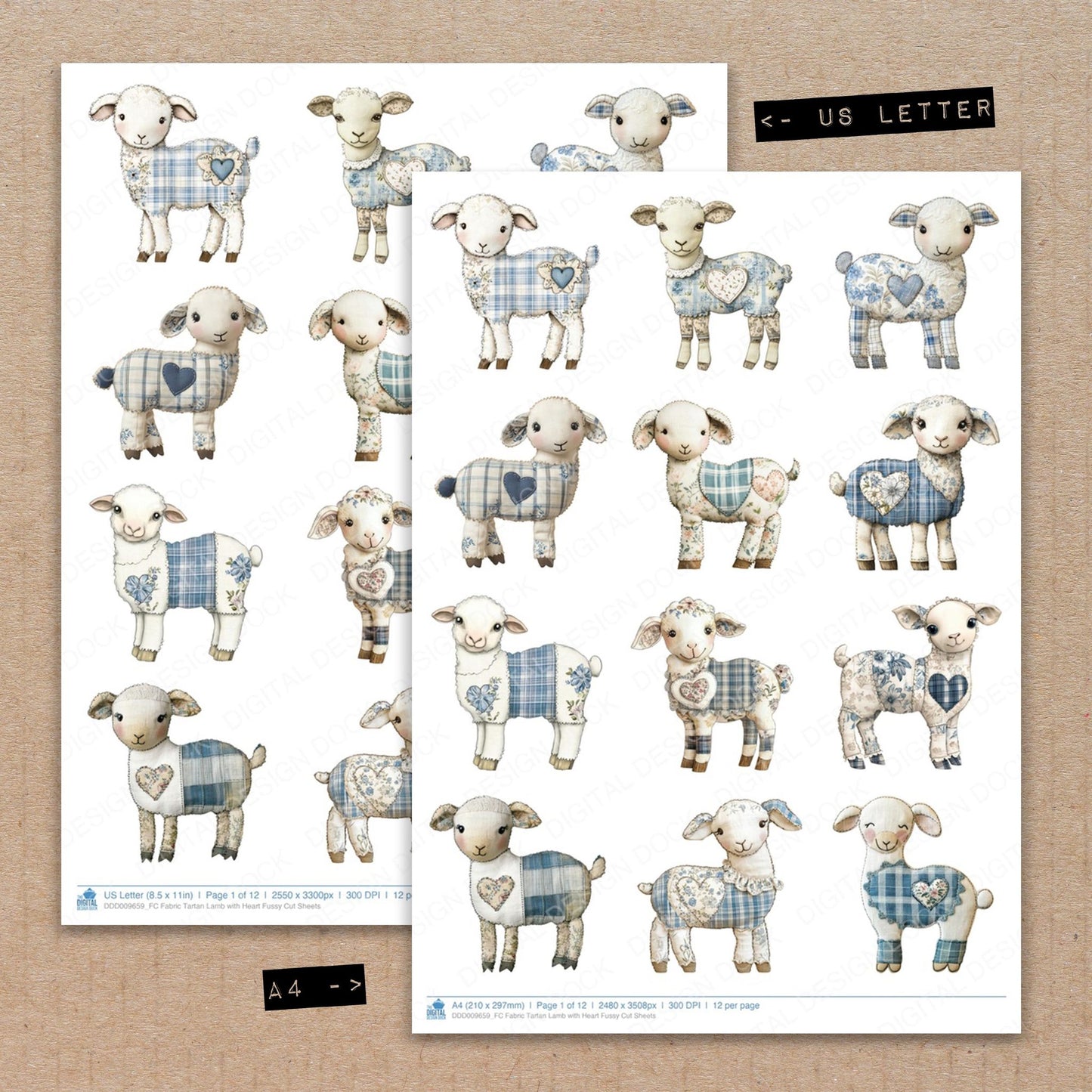 A4 and US Letter format comparison showing Fabric Tartan Lamb with Heart fussy cut pages for print and cut crafting