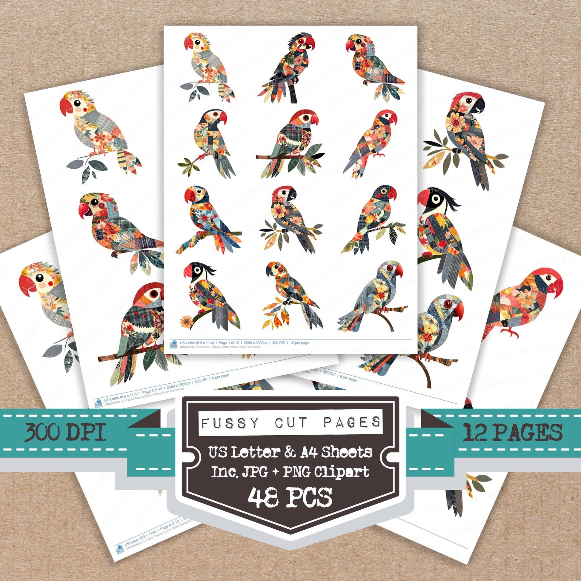 Fabric Tropical Button Parrot fussy cut printable sheets for junk journaling, scrapbooking, and paper craft projects