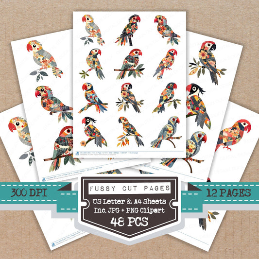 Fabric Tropical Button Parrot fussy cut printable sheets for junk journaling, scrapbooking, and paper craft projects
