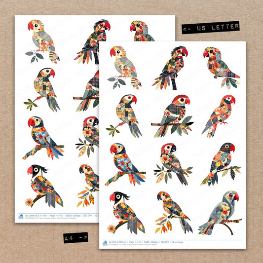 A4 and US Letter format comparison showing Fabric Tropical Button Parrot fussy cut pages for print and cut crafting