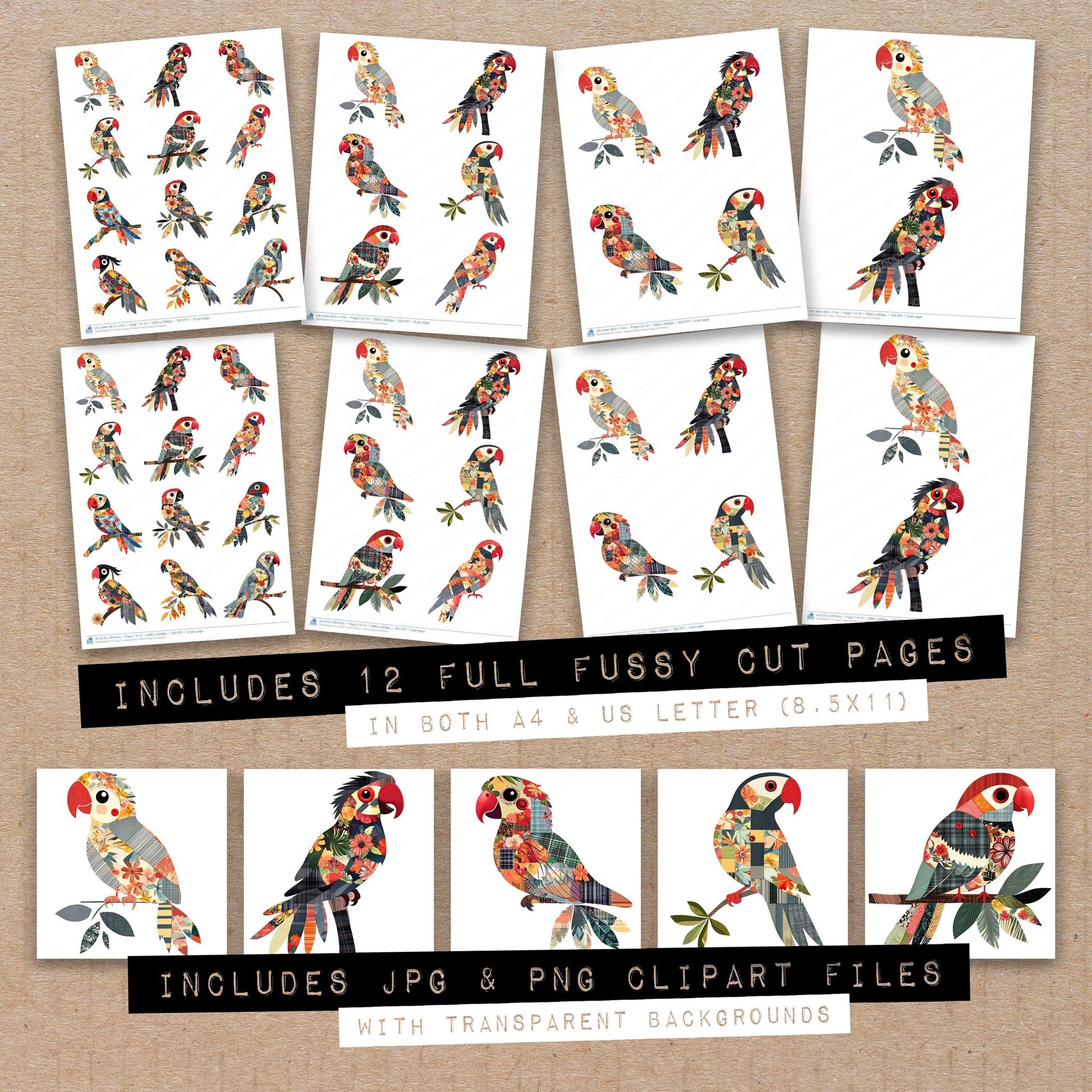 Full collection view of Fabric Tropical Button Parrot fussy cut sheets with bonus clipart JPG and PNG files