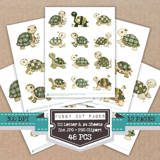 Fabric Turtle Patch fussy cut printable sheets for junk journaling, scrapbooking, and paper craft projects
