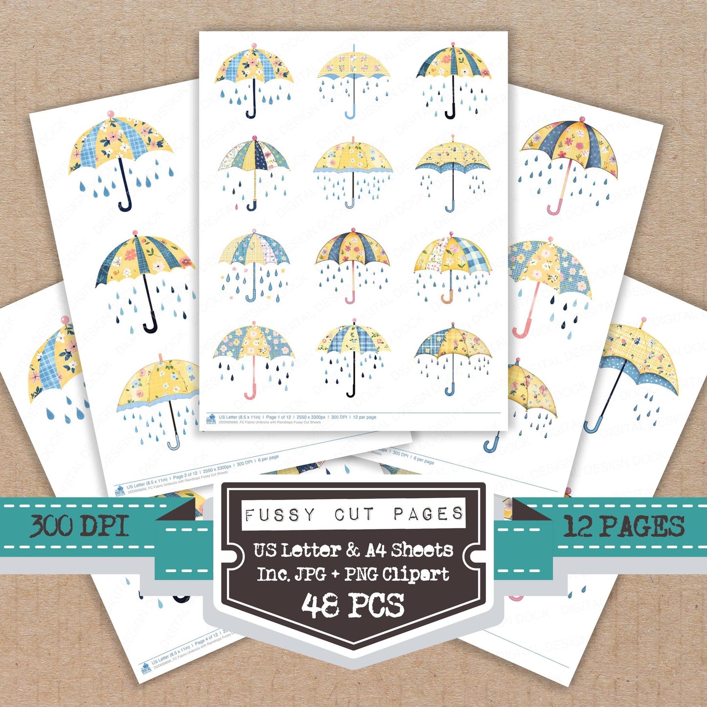 Fabric Umbrella with Raindrops fussy cut printable sheets for junk journaling, scrapbooking, and paper craft projects