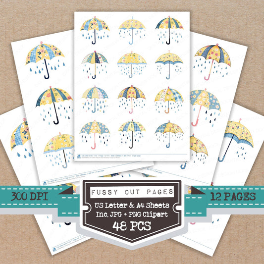 Fabric Umbrella with Raindrops fussy cut printable sheets for junk journaling, scrapbooking, and paper craft projects
