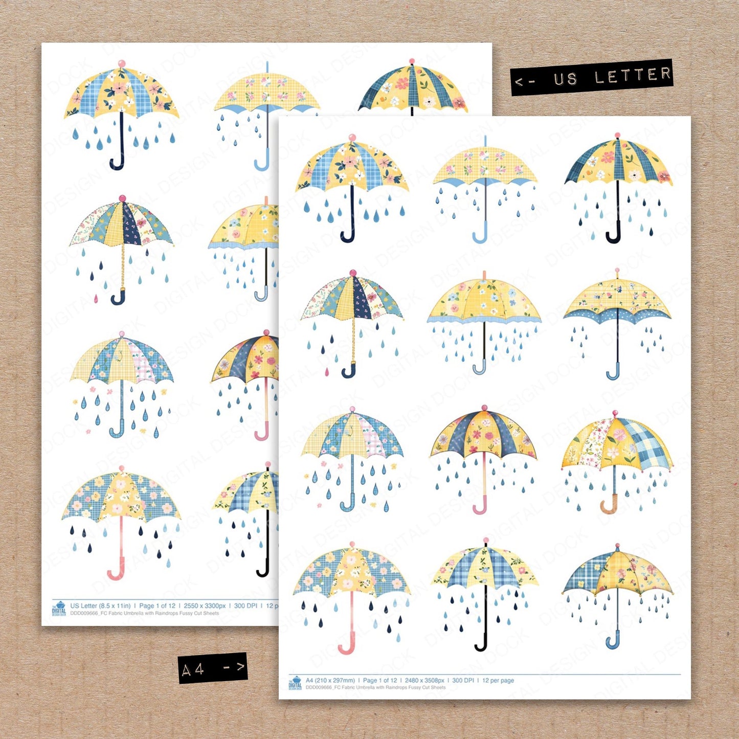 A4 and US Letter format comparison showing Fabric Umbrella with Raindrops fussy cut pages for print and cut crafting