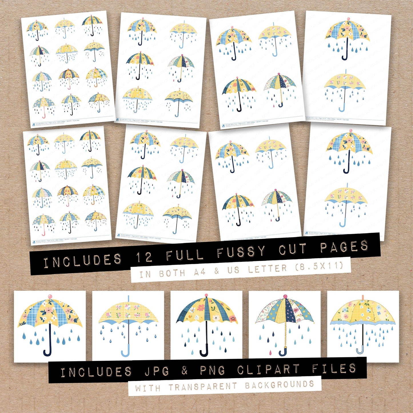 Full collection view of Fabric Umbrella with Raindrops fussy cut sheets with bonus clipart JPG and PNG files