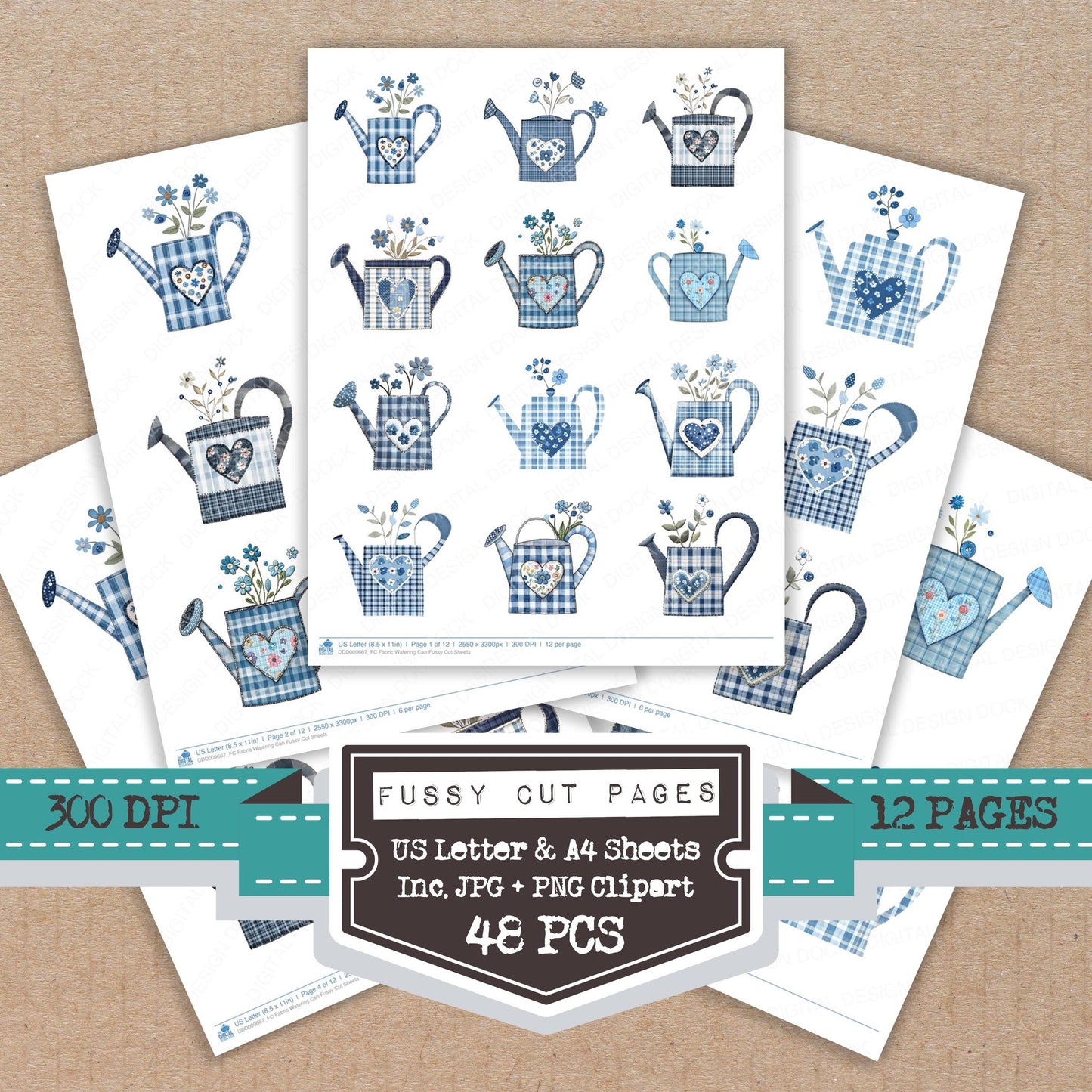Fabric Watering Can fussy cut printable sheets for junk journaling, scrapbooking, and paper craft projects