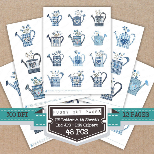 Fabric Watering Can fussy cut printable sheets for junk journaling, scrapbooking, and paper craft projects