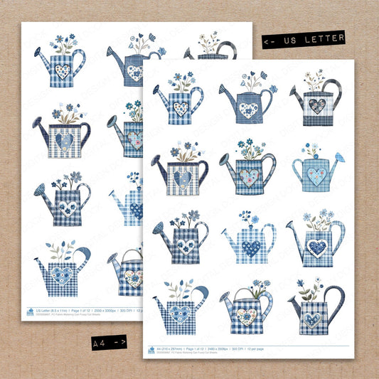 A4 and US Letter format comparison showing Fabric Watering Can fussy cut pages for print and cut crafting