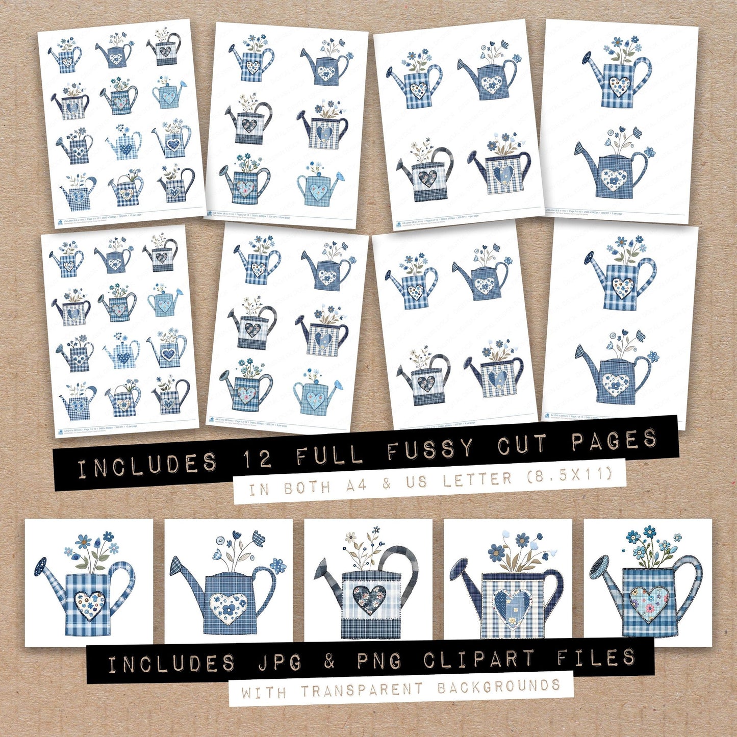 Full collection view of Fabric Watering Can fussy cut sheets with bonus clipart JPG and PNG files