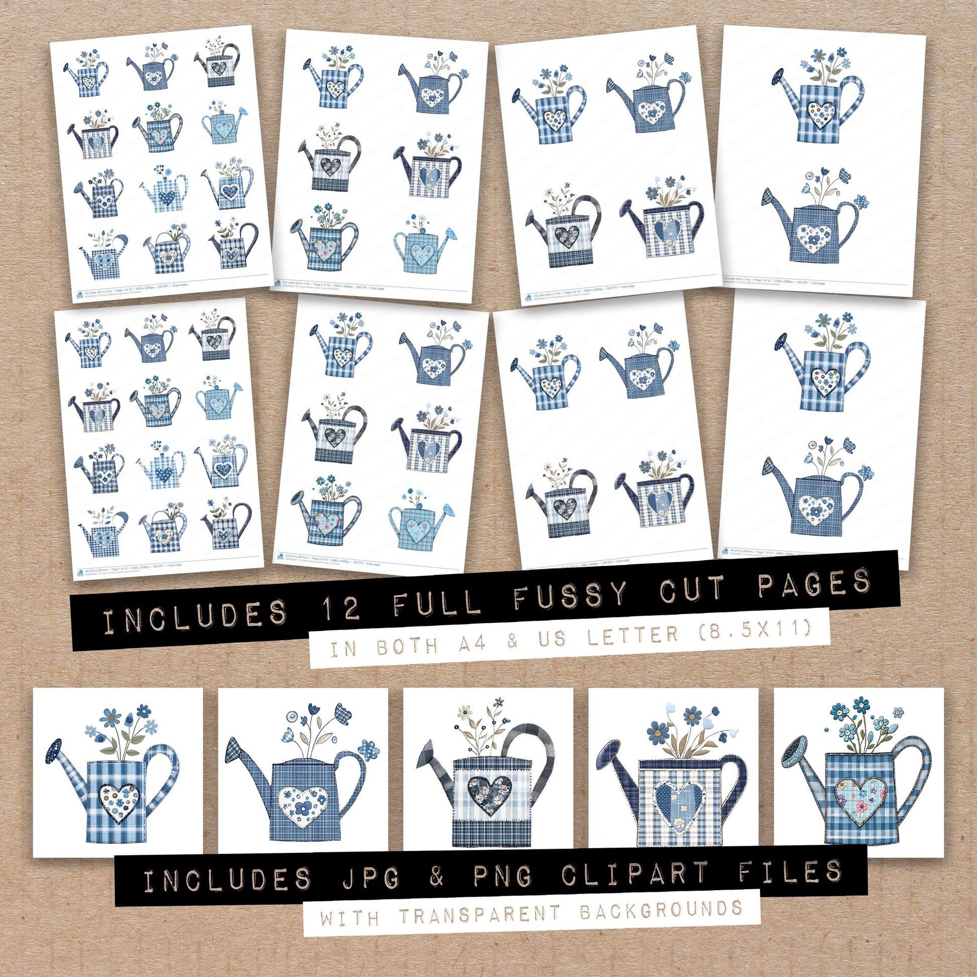 Full collection view of Fabric Watering Can fussy cut sheets with bonus clipart JPG and PNG files