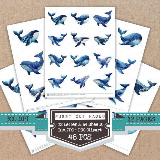 Fabric Whale fussy cut printable sheets for junk journaling, scrapbooking, and paper craft projects