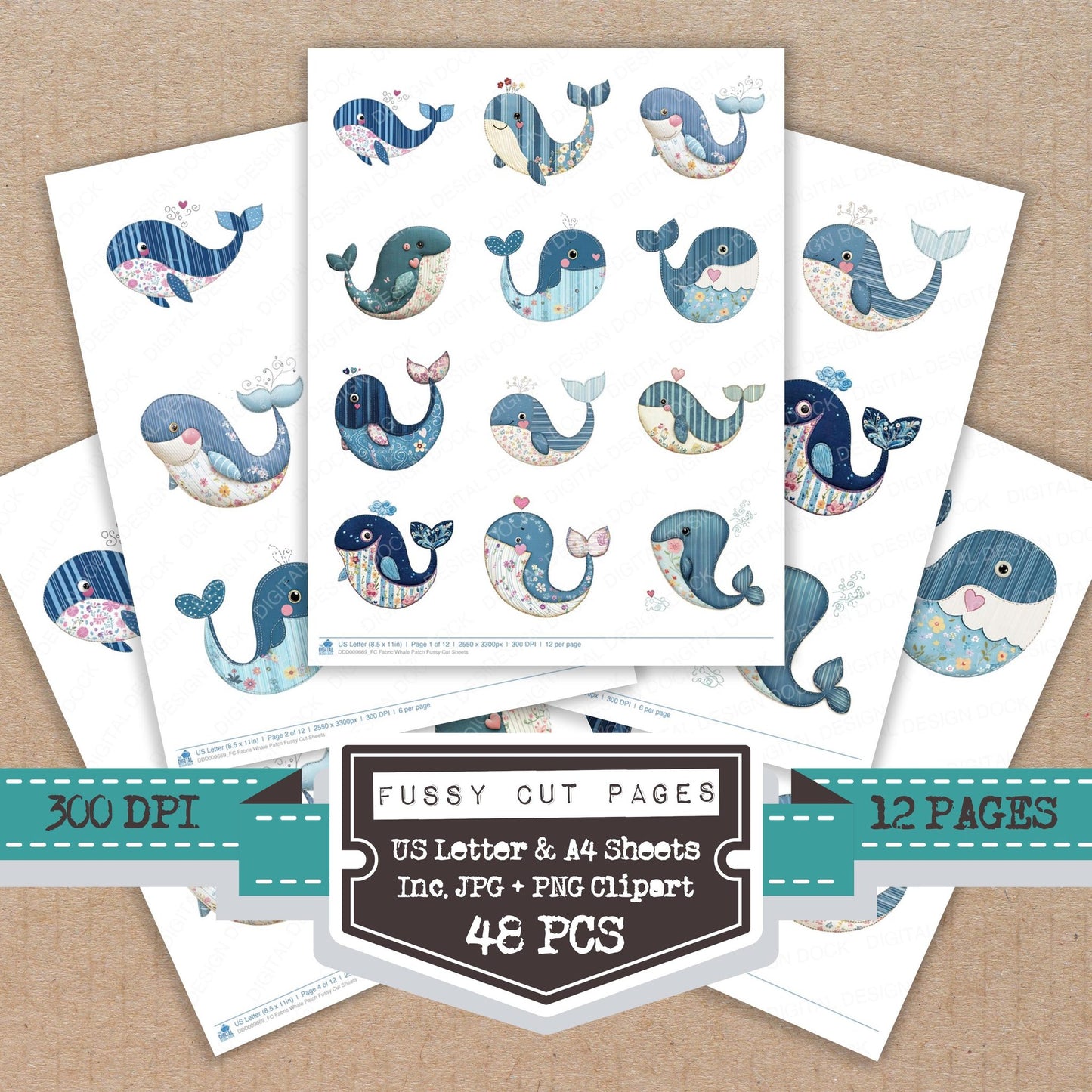 Fabric Whale Patch fussy cut printable sheets for junk journaling, scrapbooking, and paper craft projects