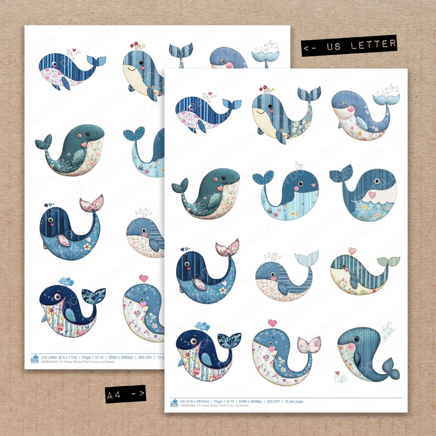 A4 and US Letter format comparison showing Fabric Whale Patch fussy cut pages for print and cut crafting