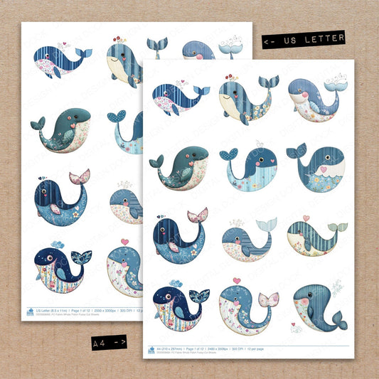 A4 and US Letter format comparison showing Fabric Whale Patch fussy cut pages for print and cut crafting