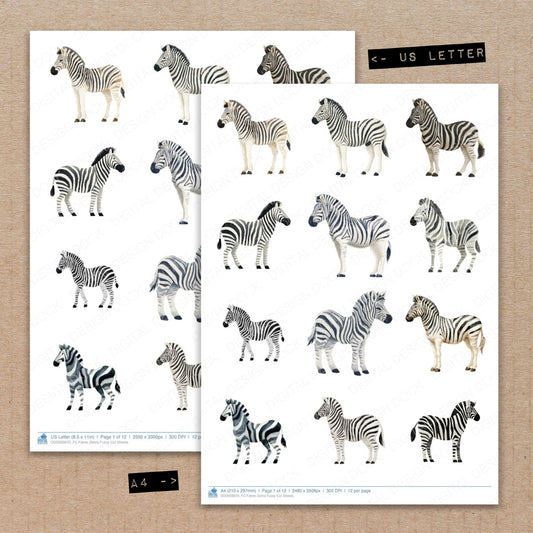 A4 and US Letter format comparison showing Fabric Zebra fussy cut pages for print and cut crafting