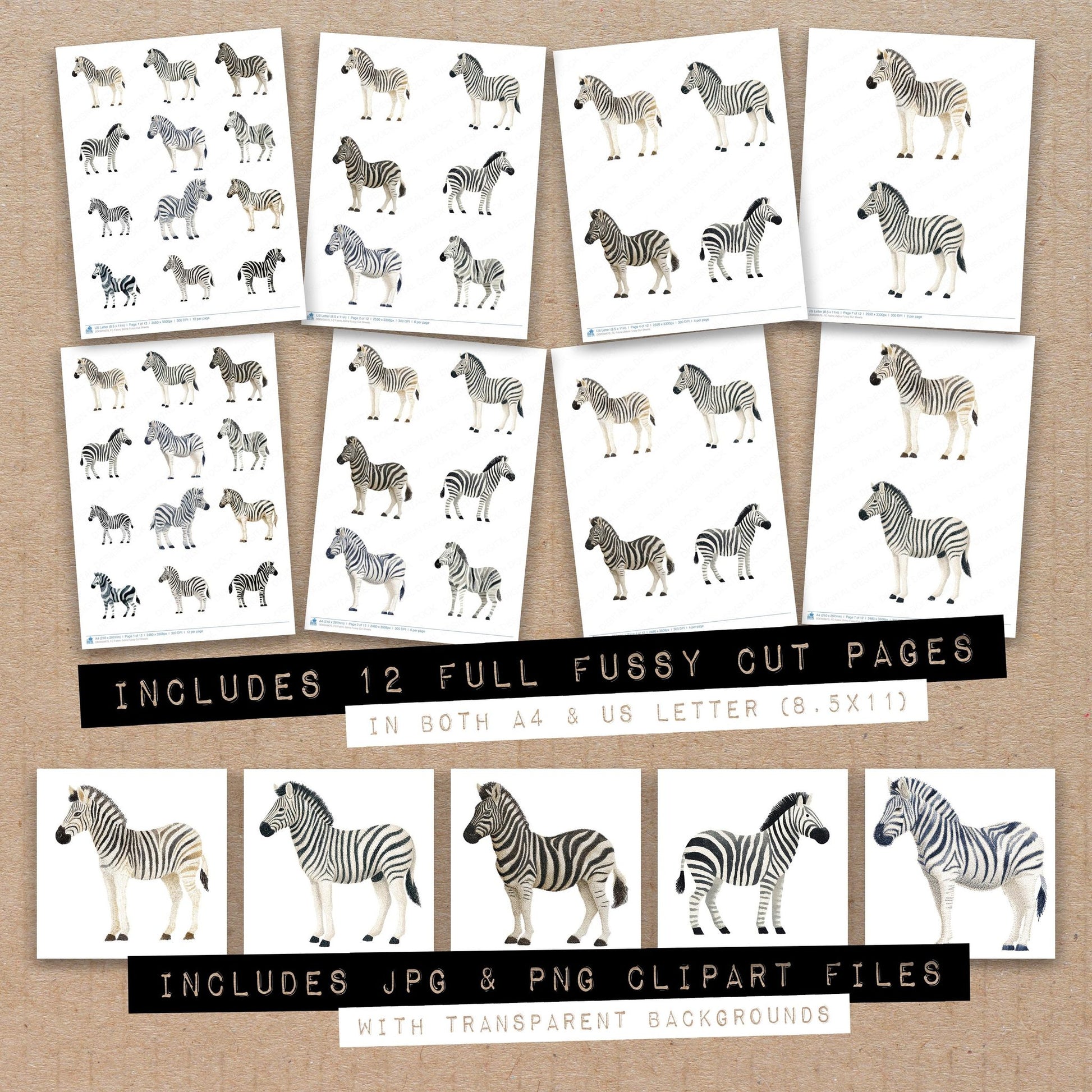 Full collection view of Fabric Zebra fussy cut sheets with bonus clipart JPG and PNG files