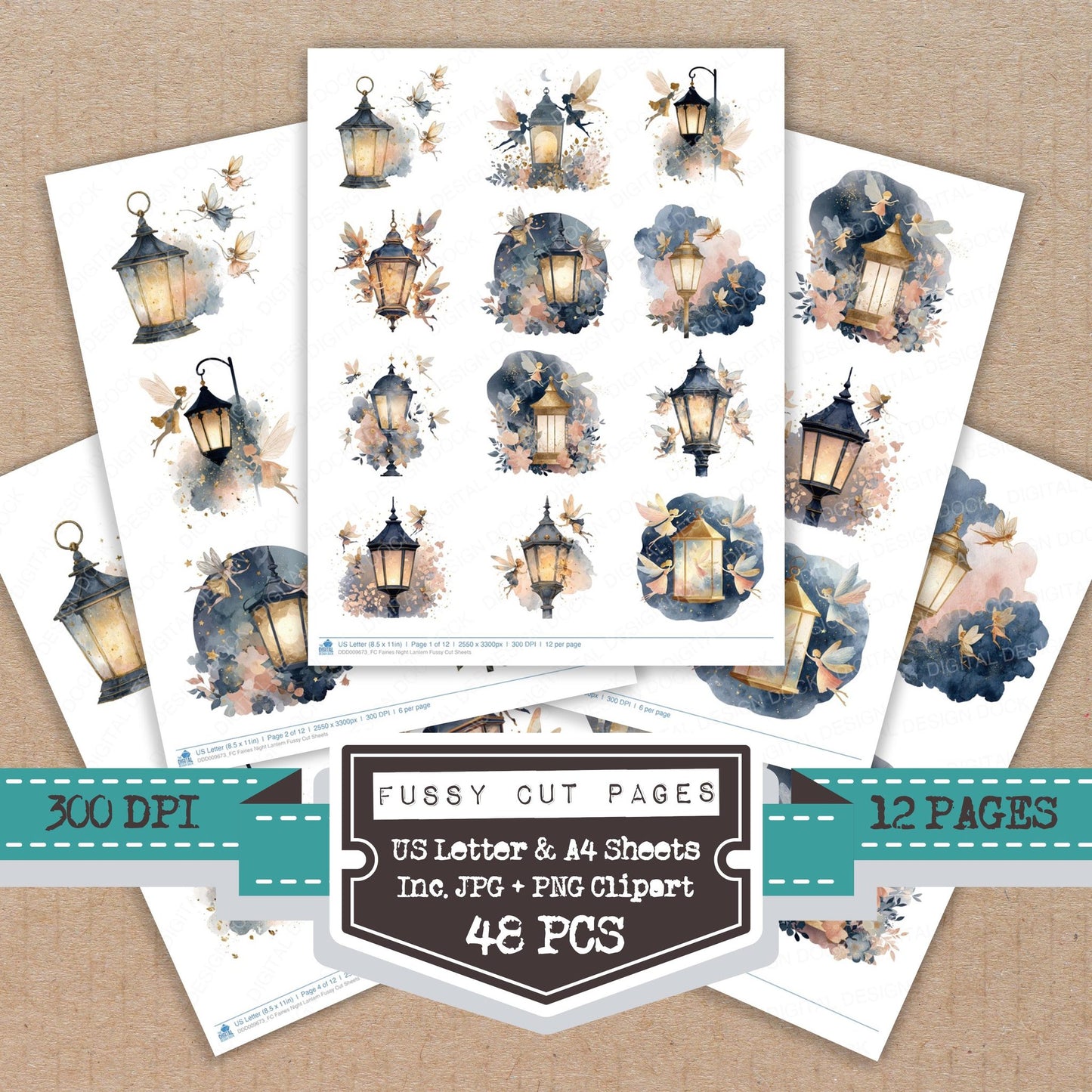 Fairies Night Lantern fussy cut printable sheets for junk journaling, scrapbooking, and paper craft projects