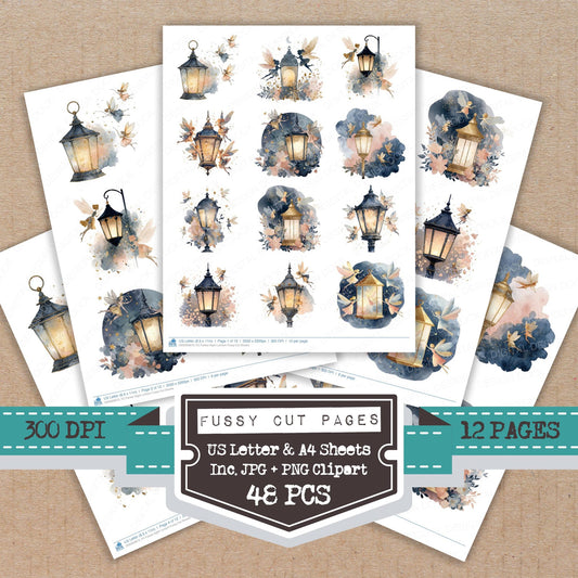 Fairies Night Lantern fussy cut printable sheets for junk journaling, scrapbooking, and paper craft projects