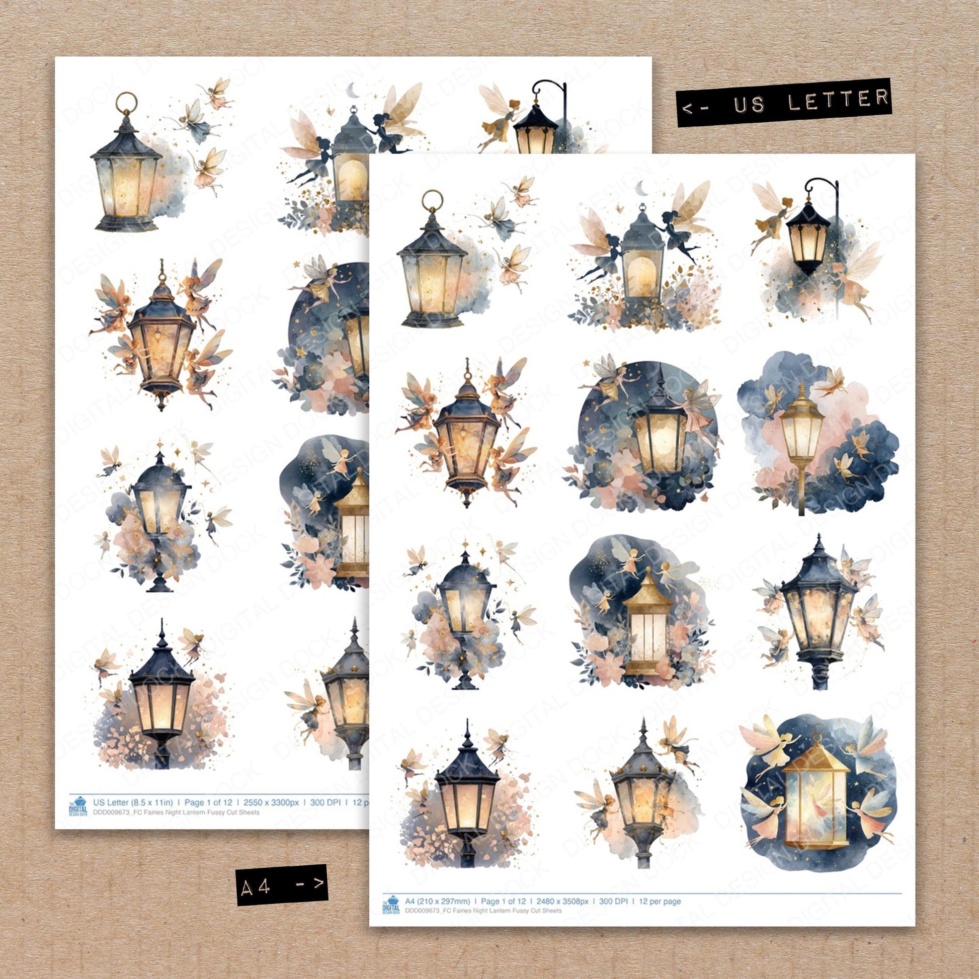 A4 and US Letter format comparison showing Fairies Night Lantern fussy cut pages for print and cut crafting