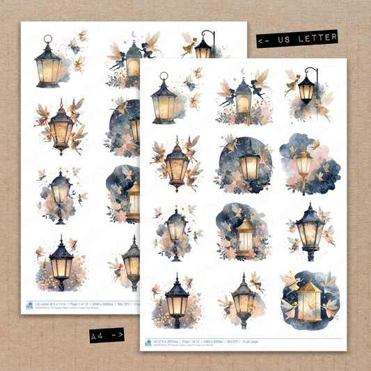A4 and US Letter format comparison showing Fairies Night Lantern fussy cut pages for print and cut crafting