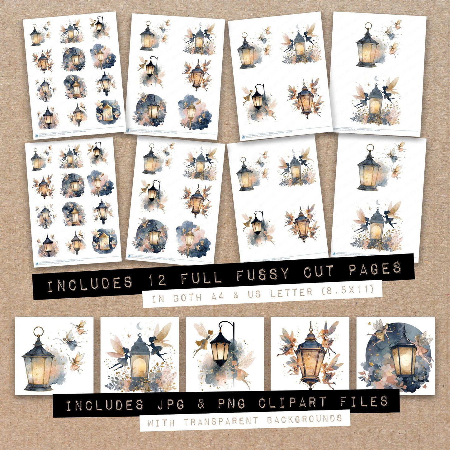 Full collection view of Fairies Night Lantern fussy cut sheets with bonus clipart JPG and PNG files