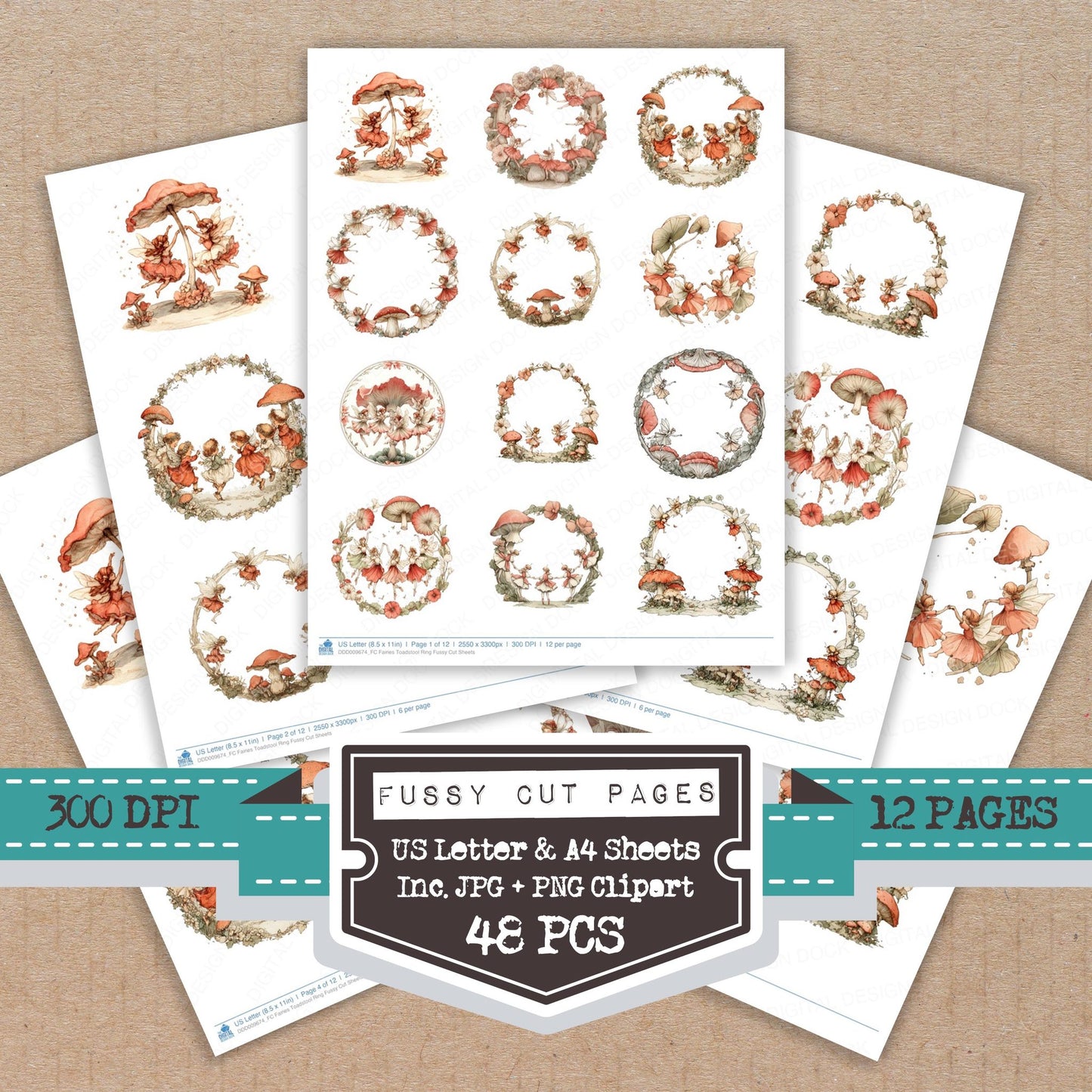 Fairies Toadstool Ring fussy cut printable sheets for junk journaling, scrapbooking, and paper craft projects