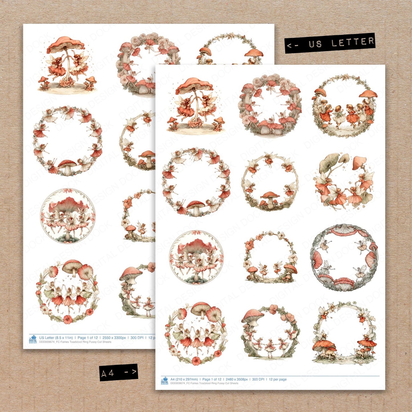 A4 and US Letter format comparison showing Fairies Toadstool Ring fussy cut pages for print and cut crafting