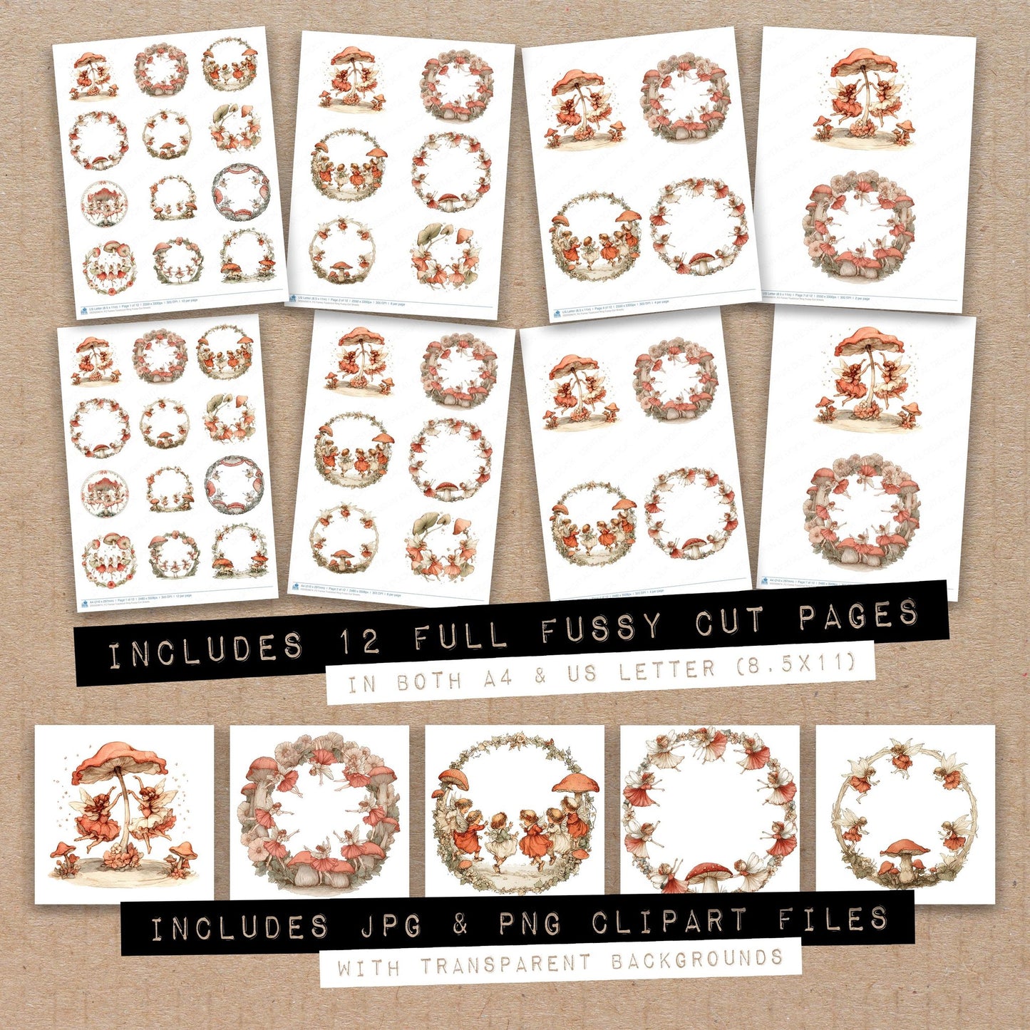 Full collection view of Fairies Toadstool Ring fussy cut sheets with bonus clipart JPG and PNG files