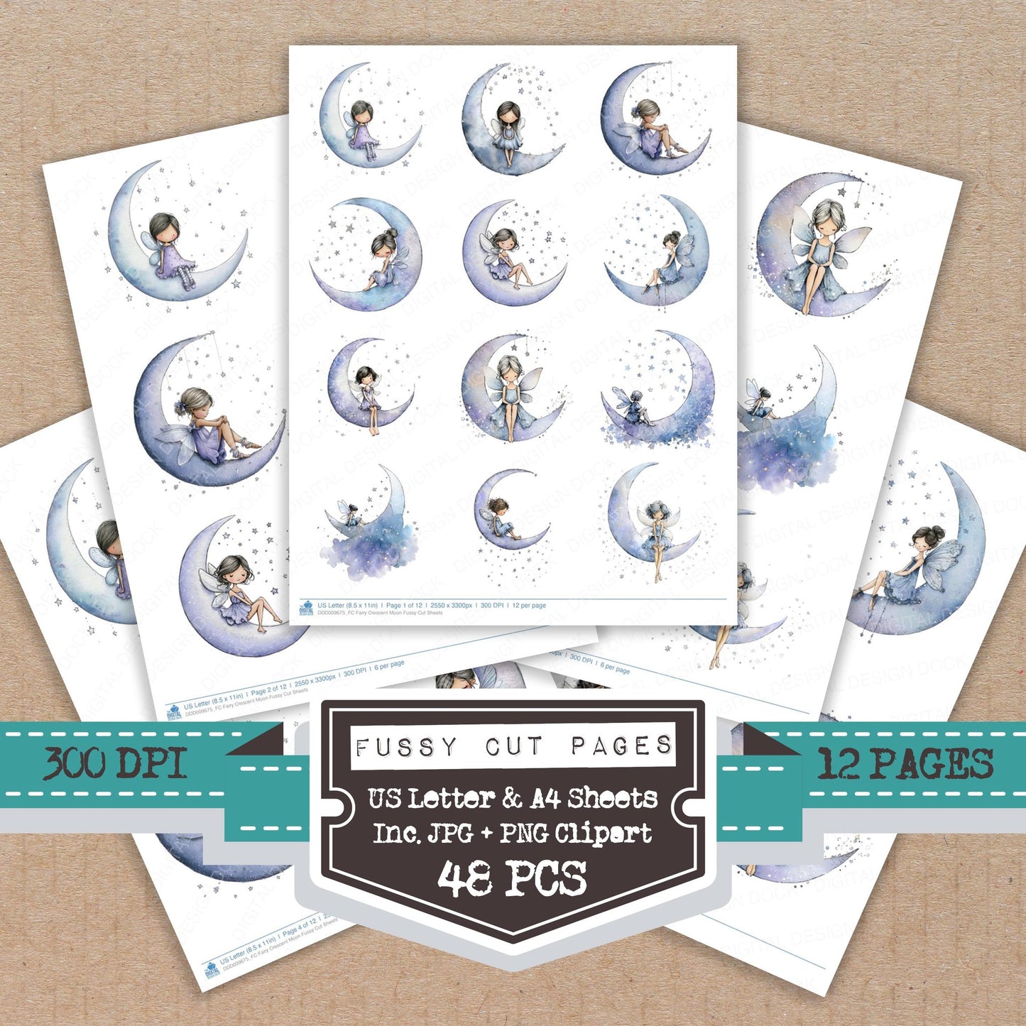 Fairy Crescent Moon fussy cut printable sheets for junk journaling, scrapbooking, and paper craft projects