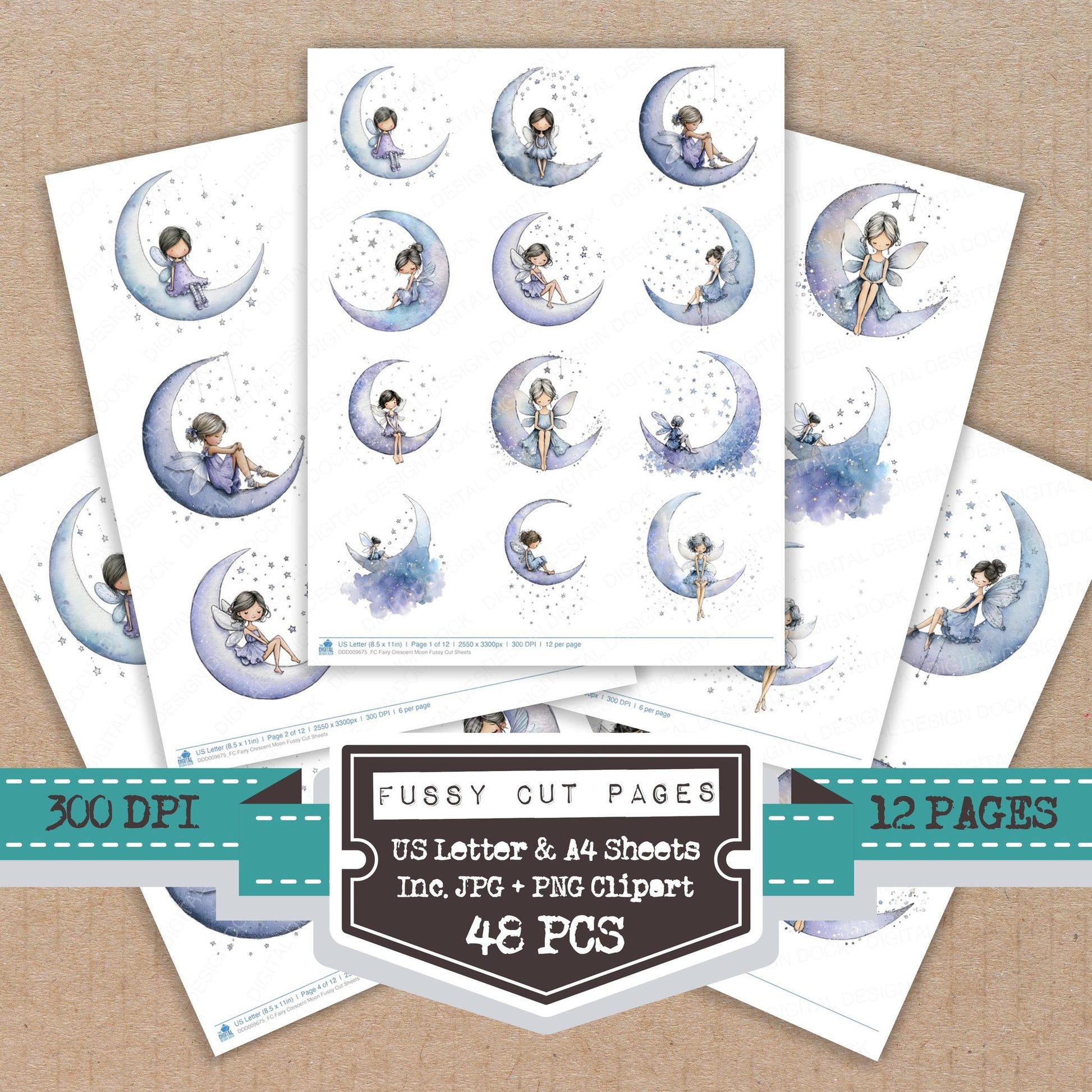 Fairy Crescent Moon fussy cut printable sheets for junk journaling, scrapbooking, and paper craft projects