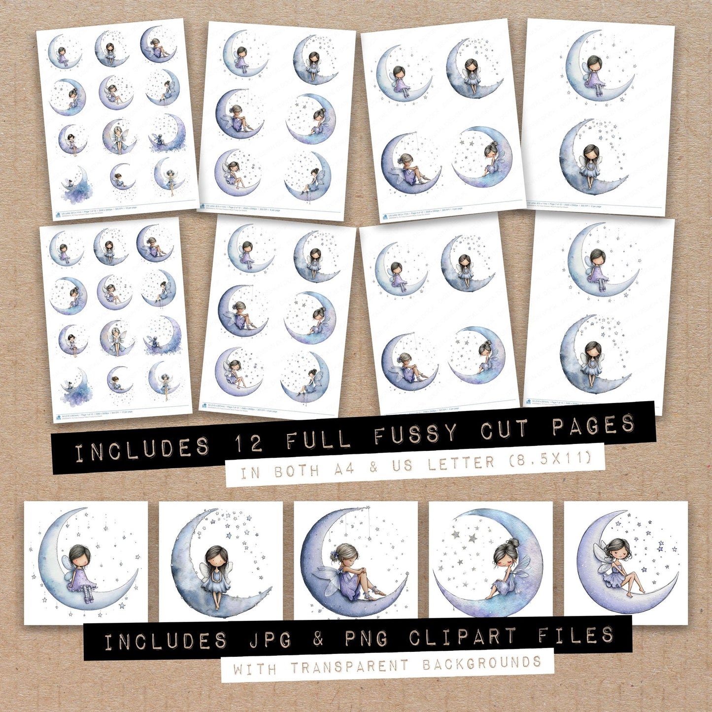 Full collection view of Fairy Crescent Moon fussy cut sheets with bonus clipart JPG and PNG files