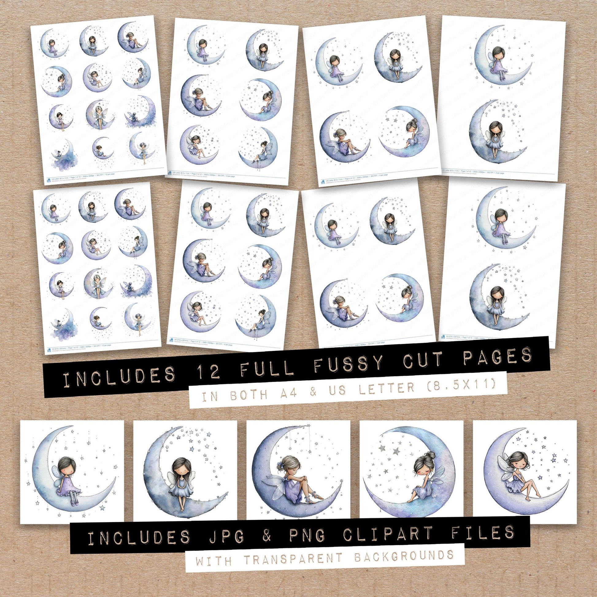 Full collection view of Fairy Crescent Moon fussy cut sheets with bonus clipart JPG and PNG files