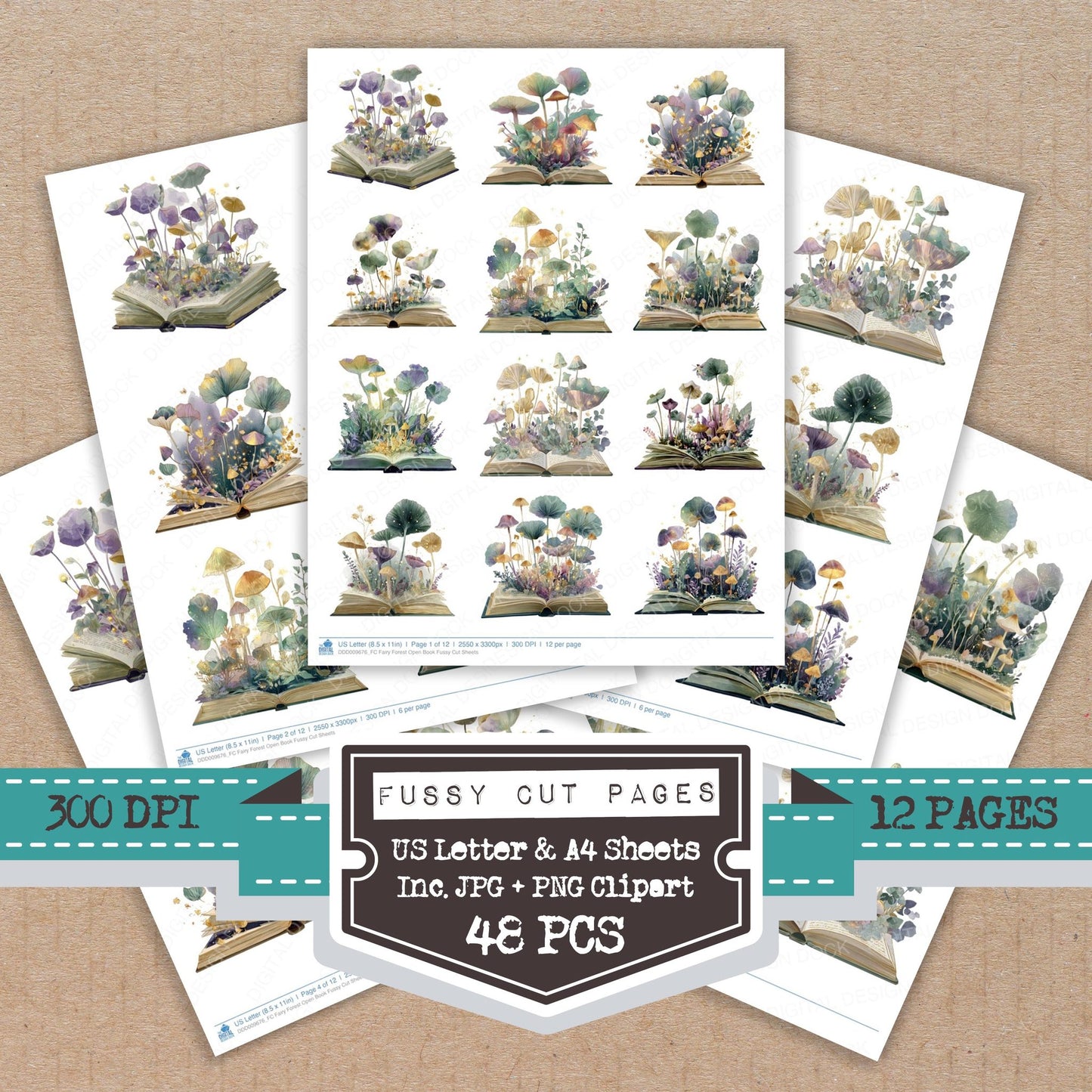 Fairy Forest Open Book fussy cut printable sheets for junk journaling, scrapbooking, and paper craft projects