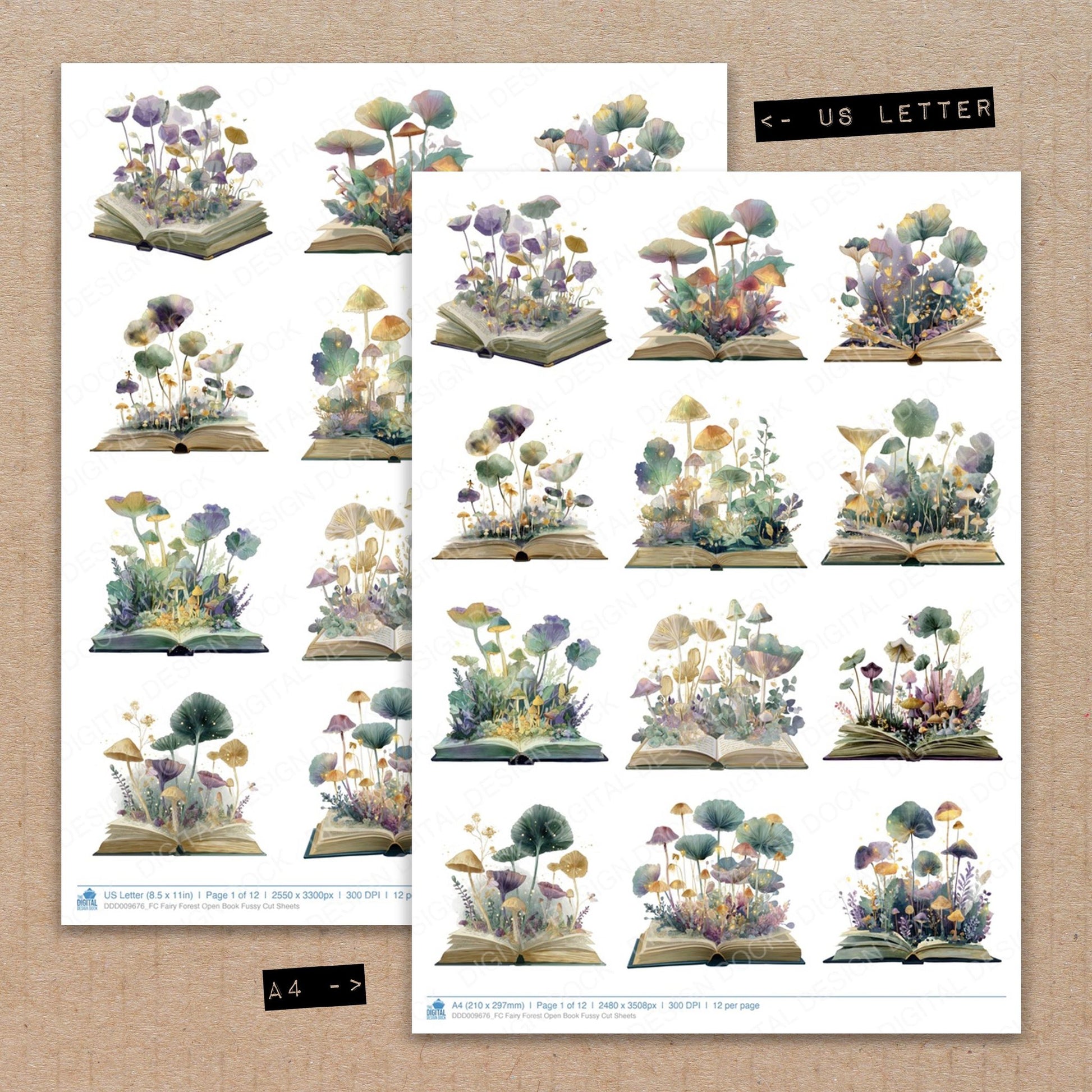 A4 and US Letter format comparison showing Fairy Forest Open Book fussy cut pages for print and cut crafting