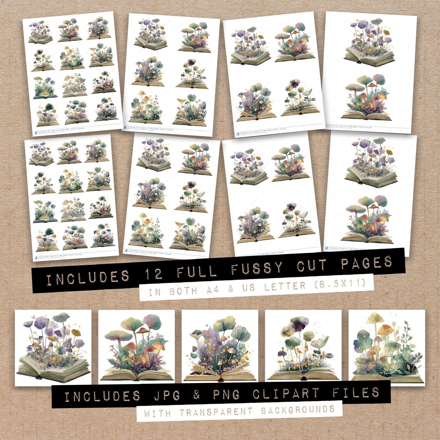 Full collection view of Fairy Forest Open Book fussy cut sheets with bonus clipart JPG and PNG files