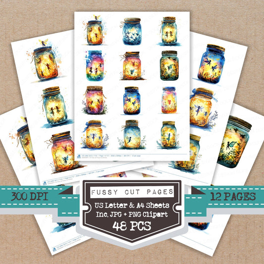 Fairy Jar fussy cut printable sheets for junk journaling, scrapbooking, and paper craft projects